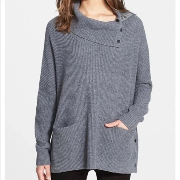 Vince Grey Oversized Twill Snap Wool Yak Turtleneck Knit Sweater - Picture 2 of 14